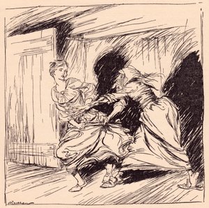 La vieille femme la saisit par la robe et essaya de la retenir. Illustration par Arthur Rackham du conte de fées de Grimm, L