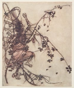 Plus il jouait vite, plus elle devait sauter haut, des Contes de fées des frères Grimm, pub. 1909 - Arthur Rackham