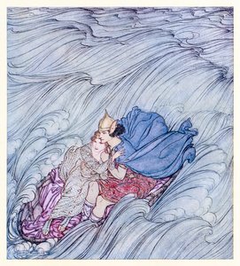 Les vagues de tous les mondes semblaient tourbillonner devant eux en un immense tapis vert de Becuma à la peau blanche dans Contes de fées irlandais - Arthur Rackham