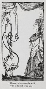 La méchante reine se regardant dans le miroir de Blanche-Neige - Arthur Rackham