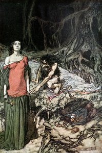 La cour de Grimhilde, la mère de Hagen. Illustration pour Siegfried et Le Crépuscule des Dieux - Arthur Rackham