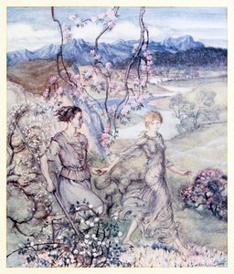Puis ils [Iollan et Tuiren] sont allés main dans la main dans le pays qui sent la fleur de pommier et le miel de La naissance de Bran dans Contes de fées irlandais - Arthur Rackham