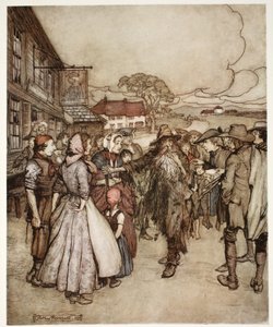 Ils se pressaient autour de lui, le regardant de la tête aux pieds avec une grande curiosité, de Rip Van Winkle par Washington Irving, pub. 1910 - Arthur Rackham