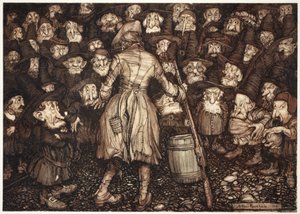 Ils le regardaient avec un regard fixe et statuaire, que son cœur se retourna en lui et ses genoux se frappèrent ensemble., de Rip Van Winkle par Washington Irving, pub. 1910 - Arthur Rackham
