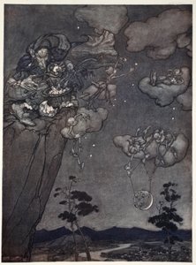 Ils étaient gouvernés par un vieil esprit squaw qui accrochait les nouvelles lunes dans le ciel et découpait les anciennes en étoiles, de Rip Van Winkle par Washington Irving, pub. 1910 - Arthur Rackham