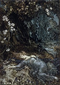Titania la reine des fées dort. Illustration par Arthur Rackham pour Le Songe d