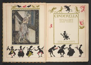 Page de titre et frontispice de Cendrillon, racontée par C.S. Evans et illustrée par Arthur Rackham