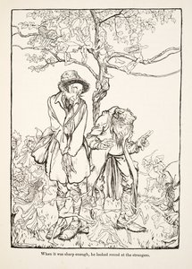 Quand il fut assez aiguisé, il regarda autour de lui les étrangers, de Petit Frère & Petite Sœur et autres contes par les frères Grimm, pub.1917 (litho)