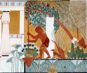 Art égyptien : un shadouf au puits. Fac simile reproduit de la tombe de d