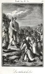 Bible, Moïse montrant les deux tablettes avec les dix commandements (gravure) - Artist Unknown