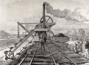 Construction du canal de Panama. Travaux de dragage dans le village de Culebra. Dessin original de Meltor Prior. Image publiée dans "The Illustrated London News". Gravure. - Artist Unknown