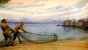 Pêcheurs de lac, homme préhistorique (impression)