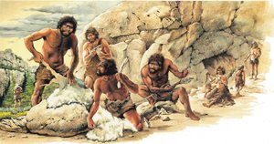 Préhistoire Période paléolithique : Chasseurs utilisant la peau des bêtes tuées et fabriquant des outils et des armes (lance).