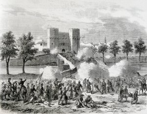 Espagne (1868). Glorieuse Révolution. Attaque des troupes gouvernementales à la porte des Serrans à Valence. Gravure de « L