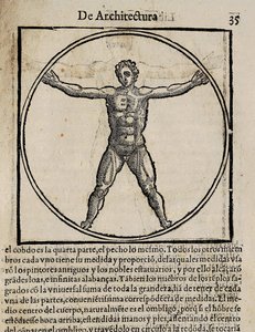 VITRUVE, Marcus Vitrubius Pollio (1er siècle av. J.-C.). "De Architectura", avec traduction en espagnol par Miguel de Urrea. Édité à Alcala de Henares par Juan Gracian (1582). Illustration de la page 35 avec le canon du corps humain. Xylographie - Artist Unknown
