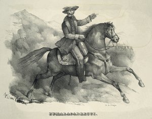 ZUMALACARREGUI, Tomas (1788-1835). Général carliste. Espagne. Première guerre carliste. Zumalacarregui à cheval. Gravure.