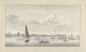 Grand radeau et divers navires sur la Merwede près de la maison de Merwe à Dordrecht - Ary van Wanum