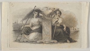 Vignette de billet de banque avec des figures féminines représentant la Liberté et la Justice, vers 1824-37