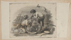 Vignette de billet de banque avec trois putti en tant que berger, fermier et marin, ca. 1824-37 - Asher Brown Durand.