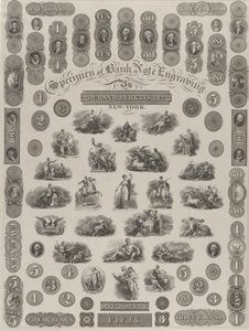 Feuille de spécimen de gravure de billet de banque, vers 1828 - Asher Brown Durand