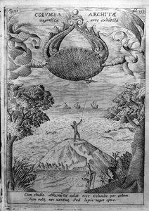 Archytas de Tarente (435-347 av. J.-C.) fait voler une colombe en bois. Gravure de "Mundus Subterraneus" par Athanasius Kircher (1601-1680), jésuite, orientaliste et érudit. - Athanasius Kircher