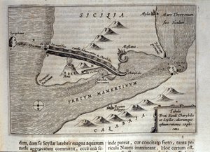 Représentation cartographique de Charybde et Scylla dans le détroit de Messine, Sicile. Gravure de "Mundus Subterraneus" par Athanasius Kircher (1601-1680), jésuite, orientaliste et érudit 1682