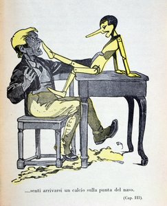 Gepetto a senti un coup de pied sur le bout de son nez", illustration de "Pinocchio" de Carlo Collodi (1826-90) publiée par Bemporad en 1935 (gravure en couleur).