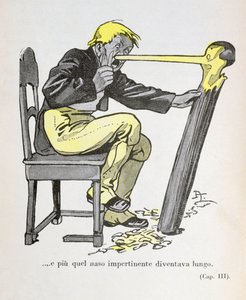Le nez de Pinocchio a commencé à grandir tandis que Gepetto continuait à sculpter son personnage", illustration de "Pinocchio" de Carlo Collodi (1826-90) 1935 (lithographie en couleur).