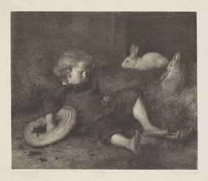 Enfant endormi avec des lapins