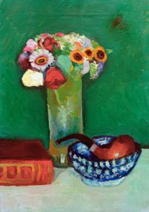 Nature morte avec bouquet de fleurs et pipe dans un bol bleu - August Macke