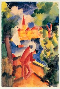 Deux hommes appuyés sur la rambarde surplombant un lac - August Macke