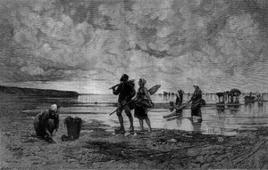 Grande marée dans la Manche (19e siècle) : pêcheurs de coquillages sur une plage. Gravure d