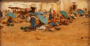 Marché hongrois avec parapluies bleus - August von Pettenkofen