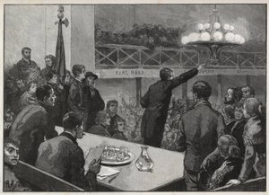 Réunion pour la grève au Vooruit en 1885 - gravure dans «Le Monde illustré» - dessin par Gérardin