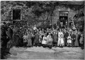 Victor Hugo (1802-1885) avec les enfants pauvres de Veules-en-Caux à qui il offrit un banquet le 24 septembre 1882. Gravure de Gérardin dans « Le Monde Illustré » n°1333 du 14 octobre 1882. - Auguste (after) Gerardin