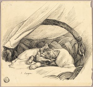 Chat endormi dans un panier - Auguste Andre Lancon