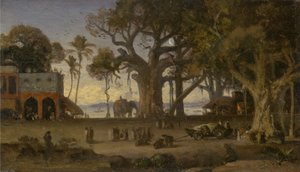Scène au clair de lune avec des figures indiennes et des éléphants parmi les banians, Haute Inde (probablement Lucknow)