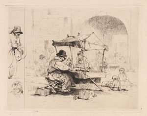 [Marchand dans son étal avec des enfants jouant] - Auguste Brouet