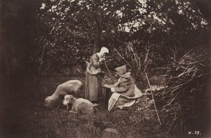 Deux bergères se reposant avec deux moutons - Auguste Giraudon