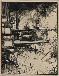 Bombe explosant sur un cuirassé aux canons braqués, 1914 - Auguste Louis Lepère