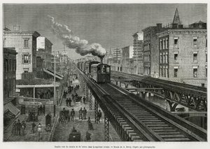 Double voie du chemin de fer aérien sur la septième avenue, New York, New York. Edouard de Laveleye, en 1878-1879, publié dans le Tour du monde, sous la direction d