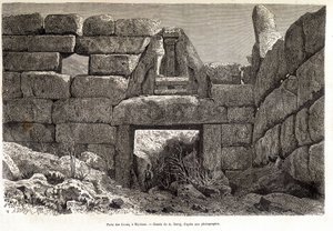 Porte des Lions à Mycènes - dessin par A. Deroy, dans "Le Tour du Monde" 1877 2e semestre