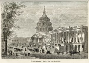 Le Capitole, siège de la législature, construit entre 1793 et 1830, à Washington (District de Columbia), la capitale des États-Unis. Gravure d