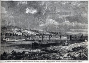 Le nouveau Pont à Argenteuil. Jonction des lignes Nord et Ouest. Section Ermont (système tubulaire). Gravure d