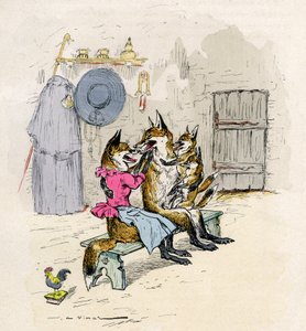 Illustration par A. Vimar pour le Roman de Renart (roman du renard), édition Henri Laurens XIXe siècle - Goupil et Hermeline le renard, sa femme, chez eux, avec leurs enfants les petits renards