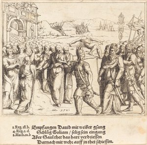 David est accueilli après avoir tué Goliath, et la jalousie de Saül - Augustin Hirschvogel