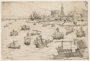 Jonas et la baleine sur un lac avec des voiliers, 1546 - Augustin Hirschvogel