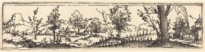 Paysage avec six arbres isolés et trois petites fermes