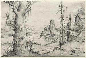 Paysage fluvial avec grand arbre à gauche - Augustin Hirschvogel