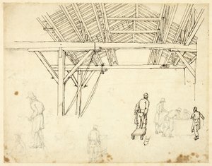 Étude rejetée, peut-être pour une illustration de la Douane, de Microcosm of London (recto); Croquis de travailleurs avec des barils (verso) - Augustus Charles Pugin